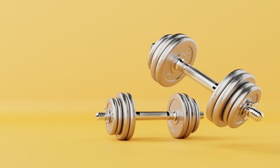 Obraz na płótnie Canvas Two dumbbells on isolated yellow background. Fitness accessories and sport object concept. 3D illustration rendering