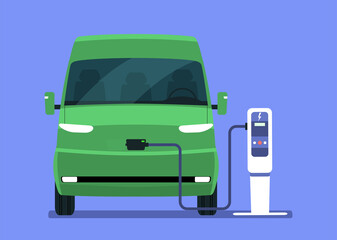 Electric cargo van charging from a charging station, front view. Vector illustration.