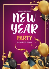 Creative New Year Party template or flyer design with time and venue details for New Year celebration concept. - 467157617