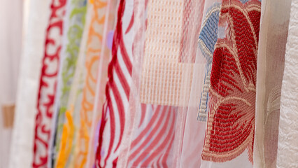 Colorful curtain fabrics in a specialist store 