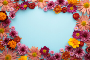 Pink flowers on blue paper background. Flower composition