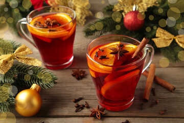 Mulled wine with cinnamon and anise stars on grey background. Thanksgiving Day