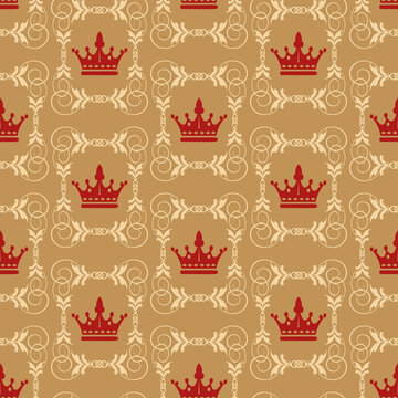 Royal Background Pattern With Burgundy Crowns On Gold Background. Seamless Background For Wallpaper, Textures.