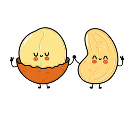 Cute, funny happy walnut and cashew character. Vector hand drawn cartoon kawaii characters, illustration icon. Funny cartoon walnut and cashew friends concept