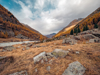 Amazing views over an high alpine valley and snow covered mountains. Orange and yellow coloured autumn and fall trees line the valley sides as the peaks rise above the clouds in this wilderness.