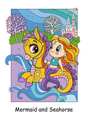 Beauty cute mermaid rides an seahorse colorful illustration