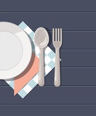 Empty plate spoon fork and napkin. Vector - 467158867