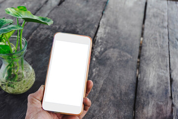 Adult man hand hold a mobile phone blank screen white mockup smartphone cellphone with glass bottle green plant and copyspace. white screen vintage tone.