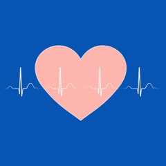ECG. Pink heart beat in a zigzag line on a blue background. Pulse pattern. Heart strokes medical diagnosis concept poster. 