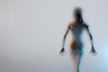 Blurred silhouette of young sexy woman in shower behind glass. 3D rendered illustration. - obrazy, fototapety, plakaty