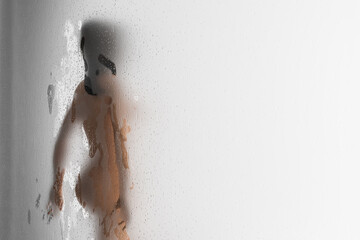 Blurred silhouette of young sexy woman in shower behind glass. 3D rendered illustration. © vchalup