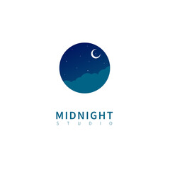 Midnight logo studios. with the moon and the beautiful dark sky. vector logo