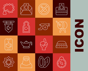 Set line Qibla, Muslim hat for prayer, Ramadan drum, No alcohol, Mosque, Star and crescent, Rosary beads religion and cannon icon. Vector