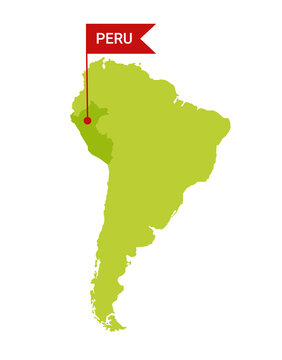 Peru on an South America s map with word Peru on a flag-shaped marker. Vector isolated on white.