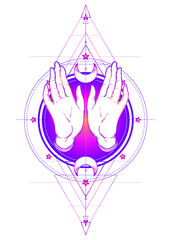 Vector ornamental Lotus flower and praying hands, patterned Indian paisley. Inticate illustration. Invitation element. Tattoo, astrology, alchemy, boho and magic symbol. Coloring book for adults..