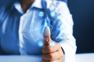 Business woman fingerprint scans personal security access with biometrics identification....