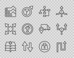 Set line Layers, Arrow, Hierarchy organogram chart, Graph, diagram, Digital speed meter, Shopping bag with Sale and icon. Vector