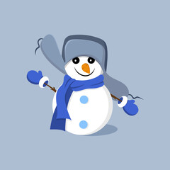 Cute funny snowman in a hat and scarf on a gray background. Vector