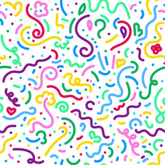 Kids seamless pattern fun colorful line doodle. Minimalist creative style art background for children or trendy colored design with basic shapes. Simple vector illustration childish scribble backdrop.