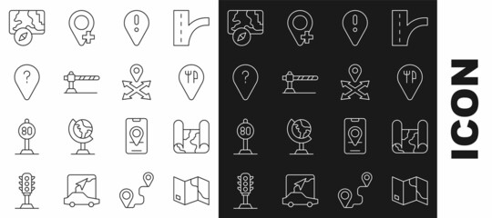 Set line Folded map, Cafe and restaurant location, Location with exclamation mark, Parking car barrier, Unknown route point, City navigation and icon. Vector