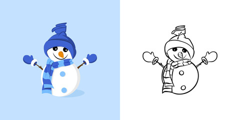 Vector set. Hand-drawn illustration and contour drawing of a cute snowman. Doodle style