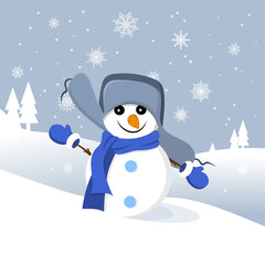 Christmas greeting card with a cute snowman on winter background with snowflakes. Vector