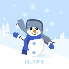 Christmas greeting card with a cute snowman on winter background with snowflakes. Vector