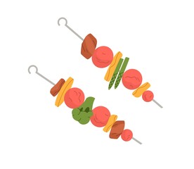 Vegetable and meat kebab on skewer. Grilled BBQ food with veggies and pork. Roasted cherry tomatoes, asparagus, broccoli and lamb on metal stick. Flat vector illustration isolated on white background