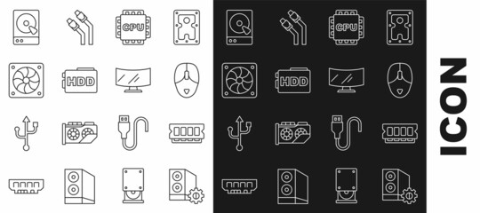 Set line Case of computer, RAM, random access memory, Computer mouse, Processor with CPU, Hard disk drive HDD, cooler, and monitor screen icon. Vector