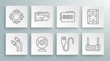 Set line LAN cable network internet, Video graphic card, Web camera, USB cord, Router and wi-fi signal, SSD, Hard disk drive HDD and Processor with CPU icon. Vector