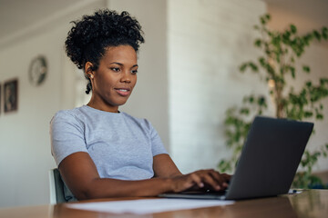 Confident adult woman, reading the messages, on laptop