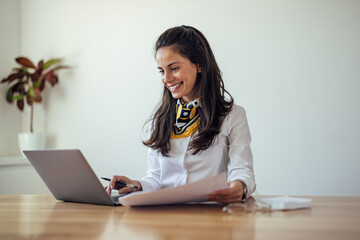 Smiling caucasian woman, helping her company prosper