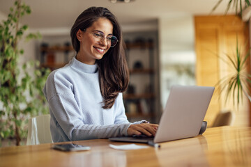 Caucasian woman with glasses, applying for a job