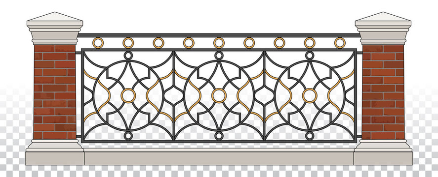Classic Iron Fence With Red Brick Pillars. Gold Decor. Vintage. Vector. Wrought Iron Railing. Handrails. Art Nouveau Luxury Modern Architecture. Ornamental Fence. Palace. City. Street. Blacksmithing.	