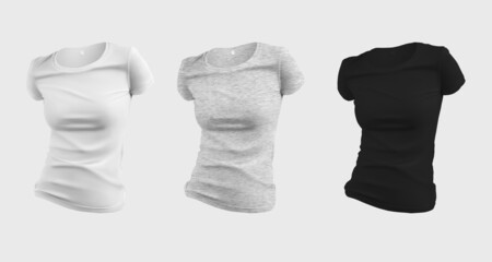 Mockup of white, heather, black womens t-shirt, 3D rendering, isolated on background, set front view