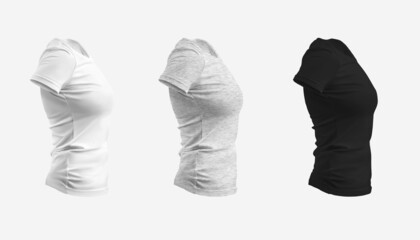 Mockup of white, heather, black womens t-shirt, 3D rendering, isolated on background, set side view