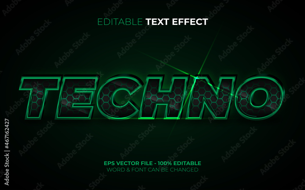 Poster techno text effect green modern style. editable text effect.