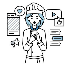 立ってスマートフォンでさまざまなSNSで楽しく交流する調理師の女性