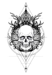 Human Skull and Lotus over Mandala inspired Sacred Geometry. Ayurveda symbol of harmony and balance. Tattoo flesh design, yoga logo. Boho print, poster, t-shirt textile. Isolated vector illustration.