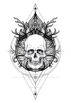 Human Skull and Lotus over Mandala inspired Sacred Geometry. Ayurveda symbol of harmony and balance. Tattoo flesh design, yoga logo. Boho print, poster, t-shirt textile. Isolated vector illustration.