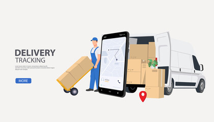 Online order tracking or freight delivery service transportation vector, flat cartoon truck automobile with warehouse parcel packages and cell phone
