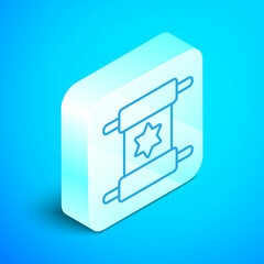 Isometric line Torah scroll icon isolated on blue background. Jewish Torah in expanded form. Star of David symbol. Old parchment scroll. Silver square button. Vector