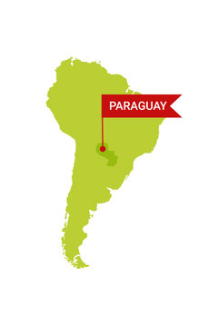 Paraguay on an South America s map with word Paraguay on a flag-shaped marker. Vector isolated on white.