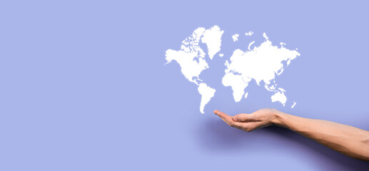 Holding a glowing earth globe social network in the hands of businessmen.World map icon,symbol