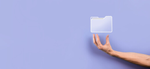 Businessman hold folder icon.Document Management System or DMS setup by IT consultant with modern...