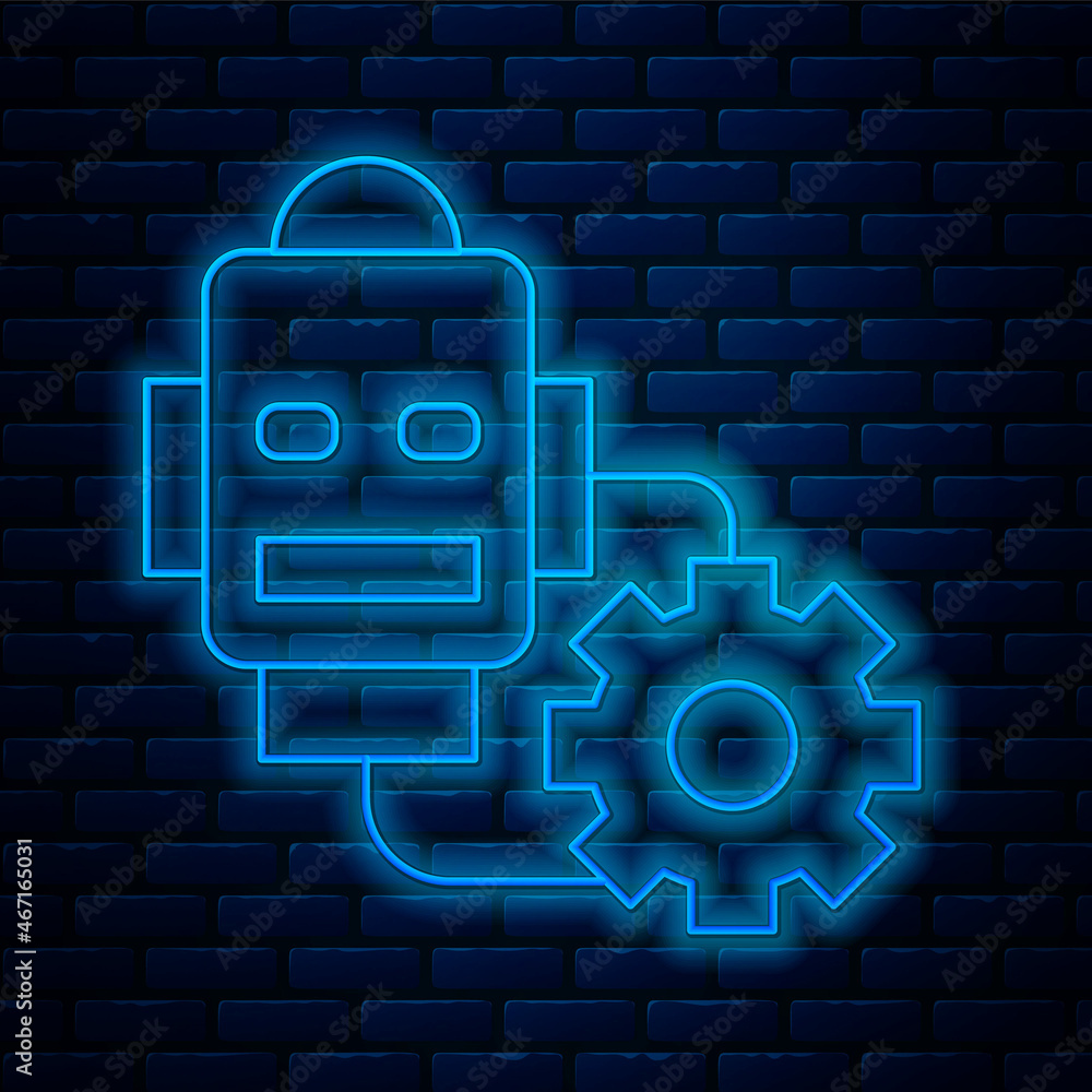 Poster glowing neon line robot setting icon isolated on brick wall background. artificial intelligence, mac