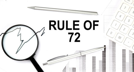 RULE OF 72 text on document with pen,graph and magnifier,calculator