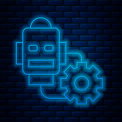 Glowing neon line Robot setting icon isolated on brick wall background. Artificial intelligence, machine learning, cloud computing. Vector