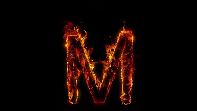 Super Slow Motion Shot of Burning Letter M Isolated on Black Background at 1000 fps.