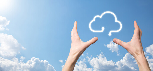 Businessman hold cloud icon.Cloud computing concept - connect smart phone to cloud. computing network information technologist with smart phone.Big data Concept.